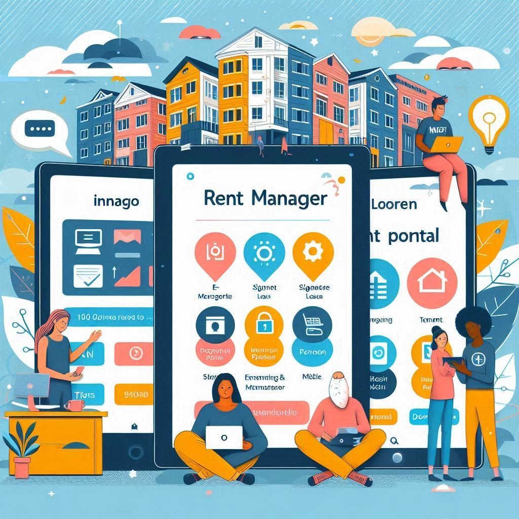 Illustration of Innago, Rent Manager, and DoorLoop software features for student housing management.