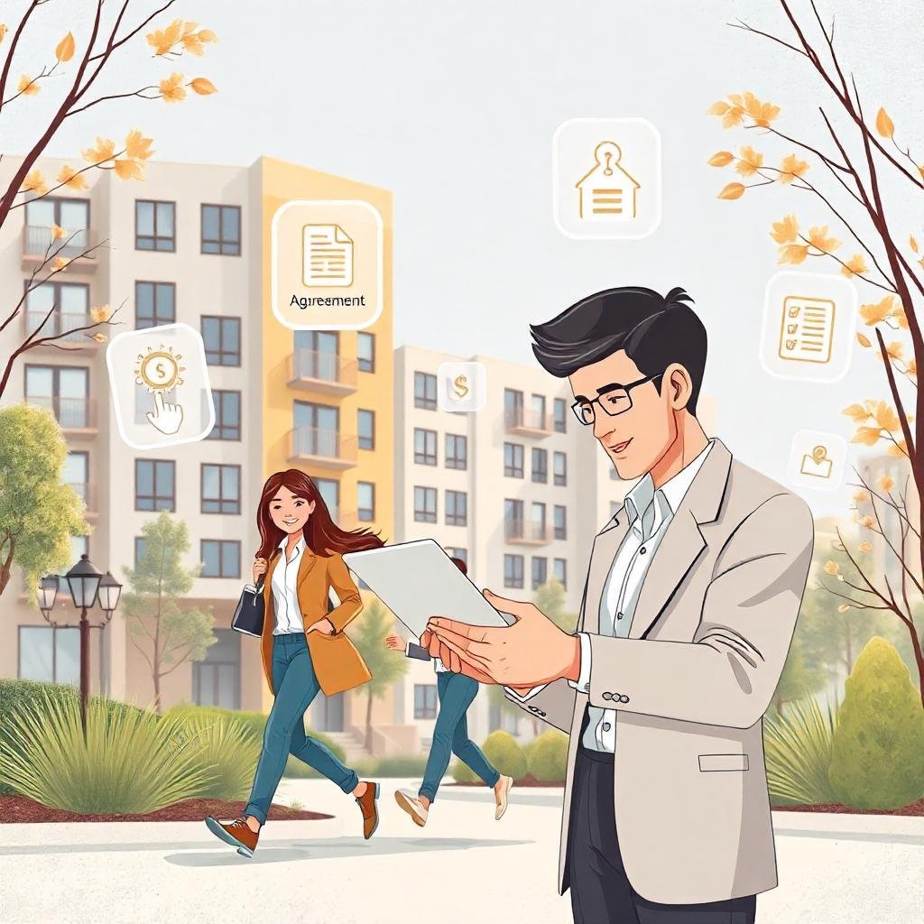 Illustration of property management software with student housing and digital features.