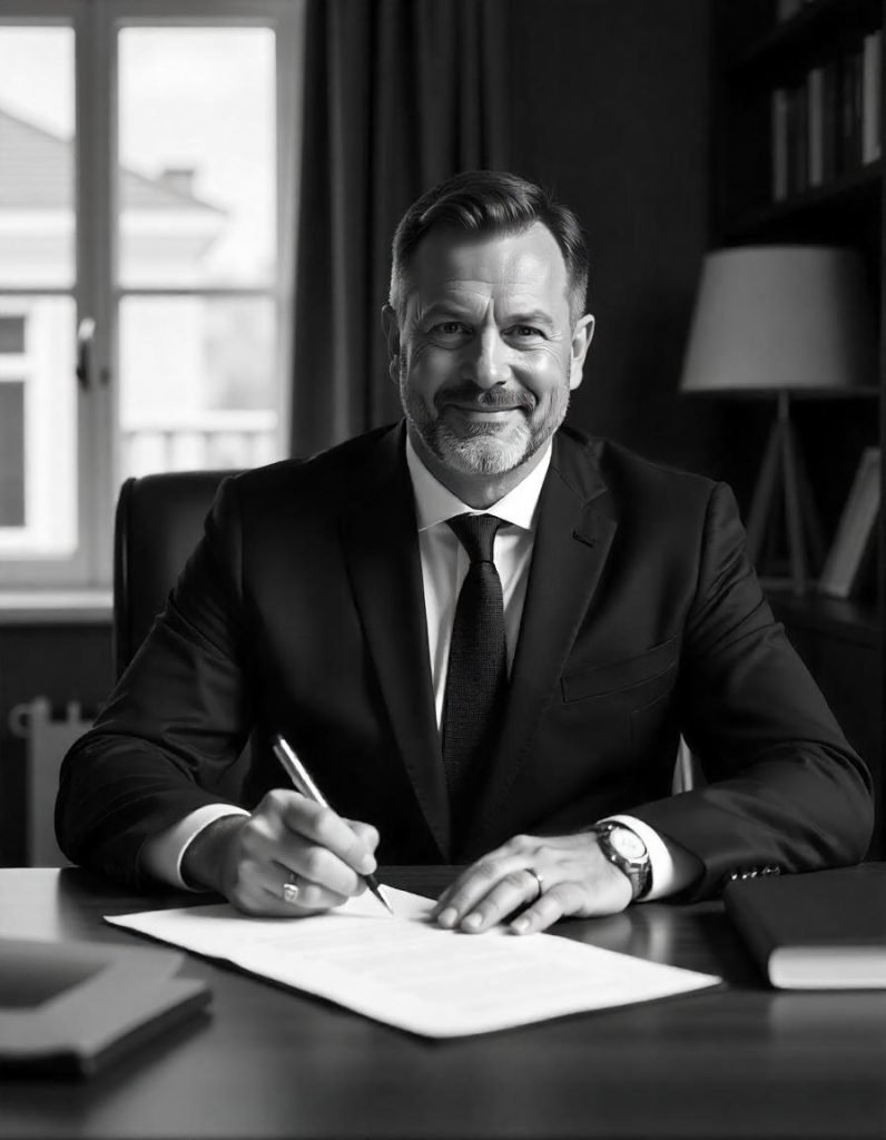 Notary public signing real estate property documents in a professional office.