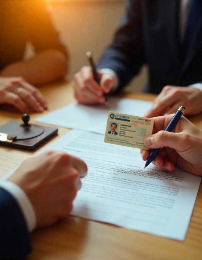 Close-up of a notary verifying IDs and property deeds for a real estate transaction.