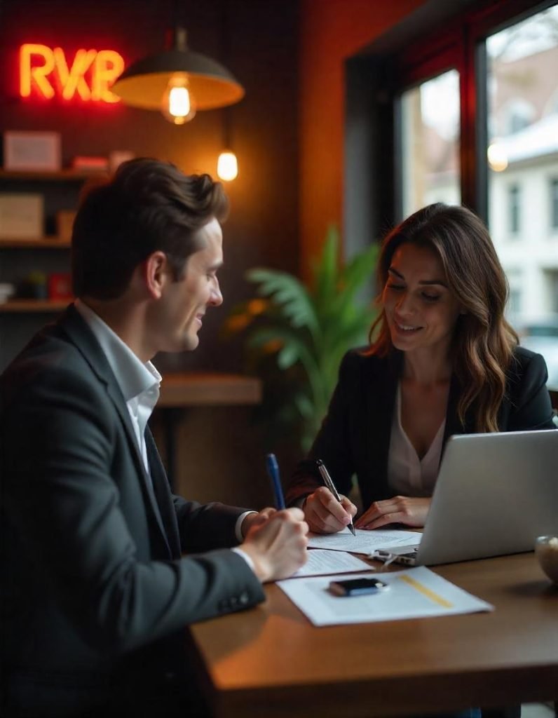 Mobile notary helping clients with property documents in a café or home office.