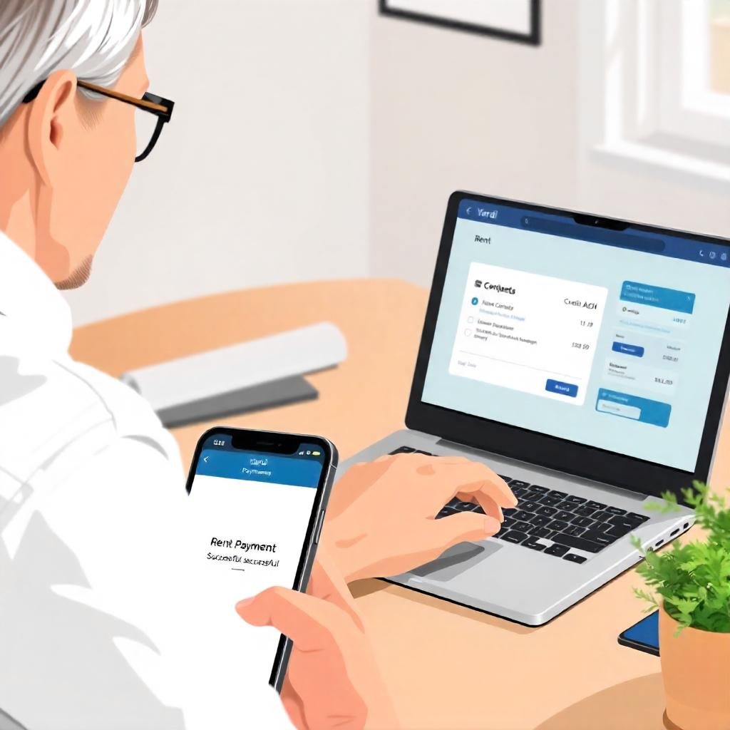 A property manager reviewing rent payments on Yardi Property Management Software, with a tenant making an online payment via mobile.