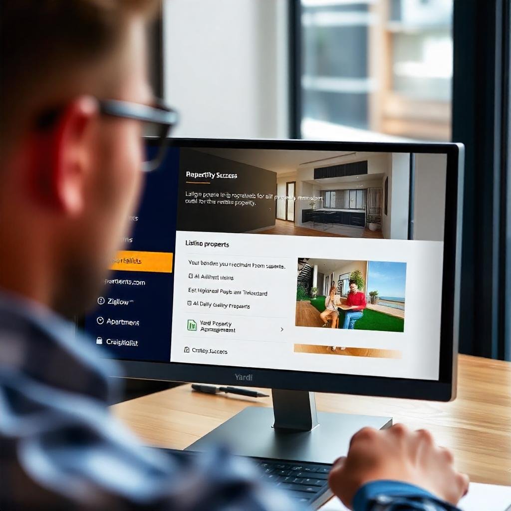 A real estate professional using Yardi Property Management Software to market a vacant rental unit on online listing platforms.