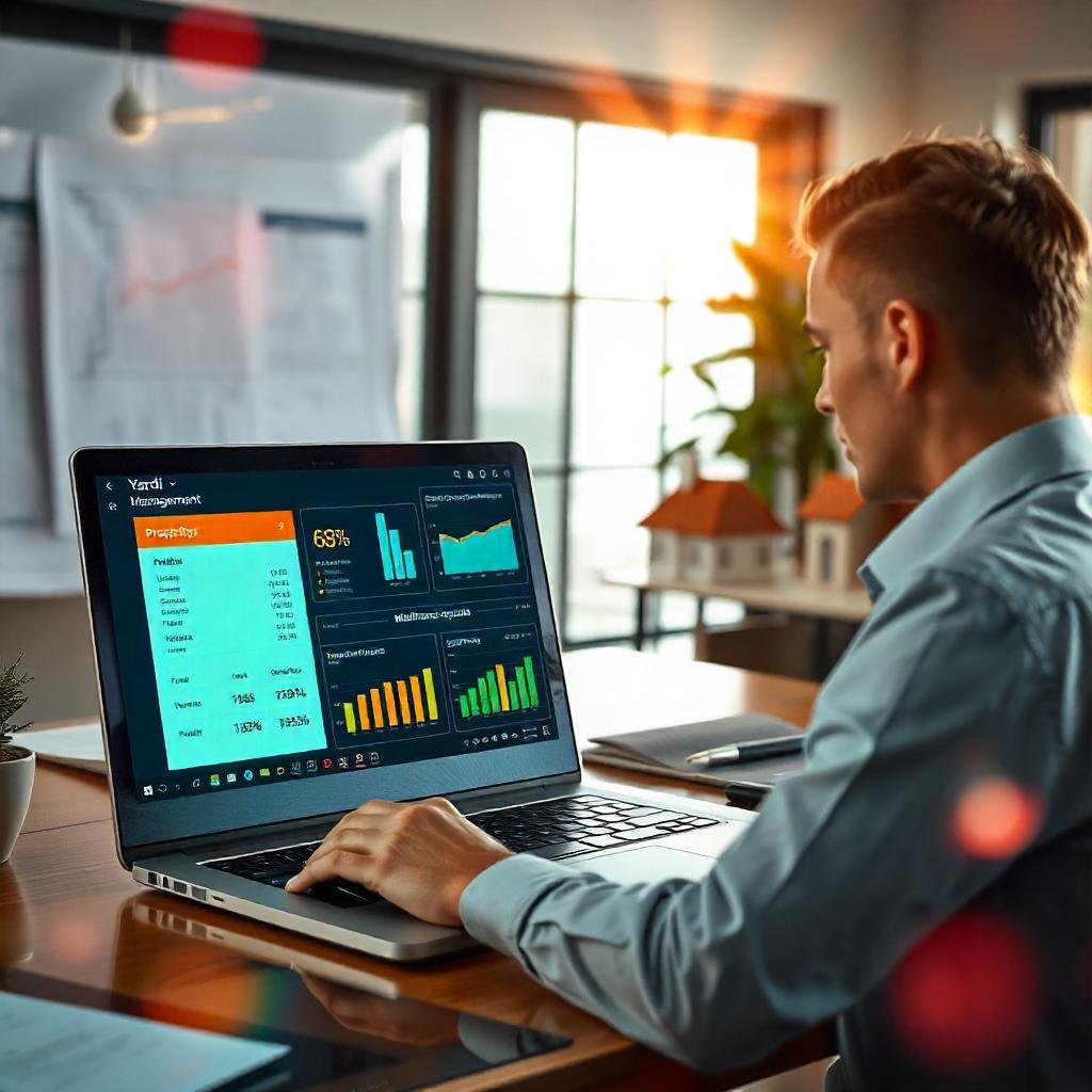 A real estate professional using Yardi Property Management Software on a laptop to track tenant leases and rent payments.