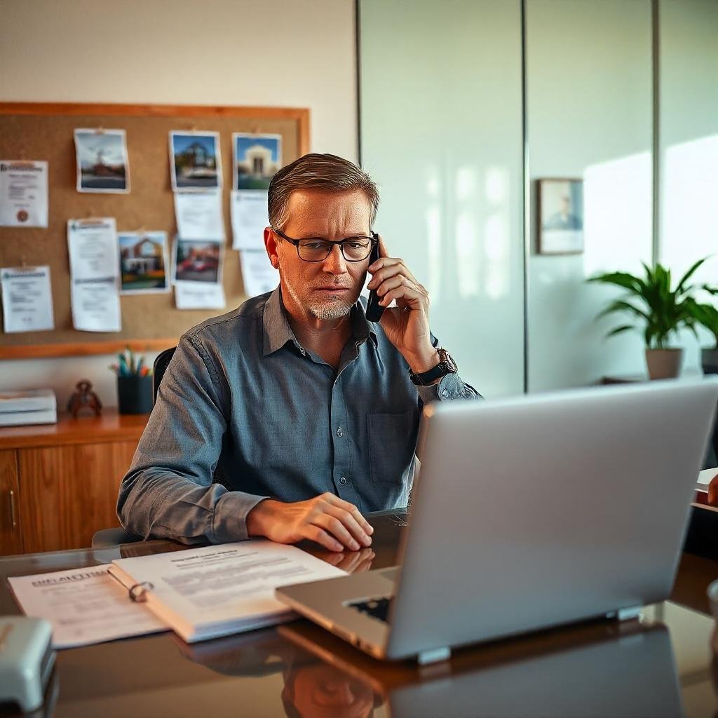 A professional property manager in an office managing tenant calls, rental agreements, and property maintenance schedules.