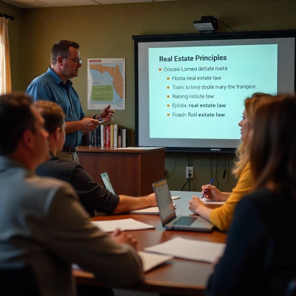 A classroom where students are learning about real estate principles and property management for Florida's licensing requirements.