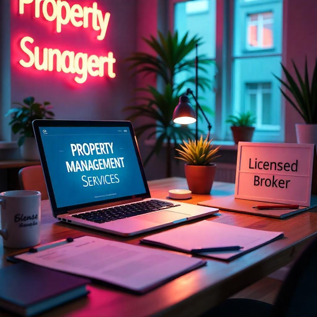 A professional home office displaying property management business setup essentials, including legal documents and a website.
