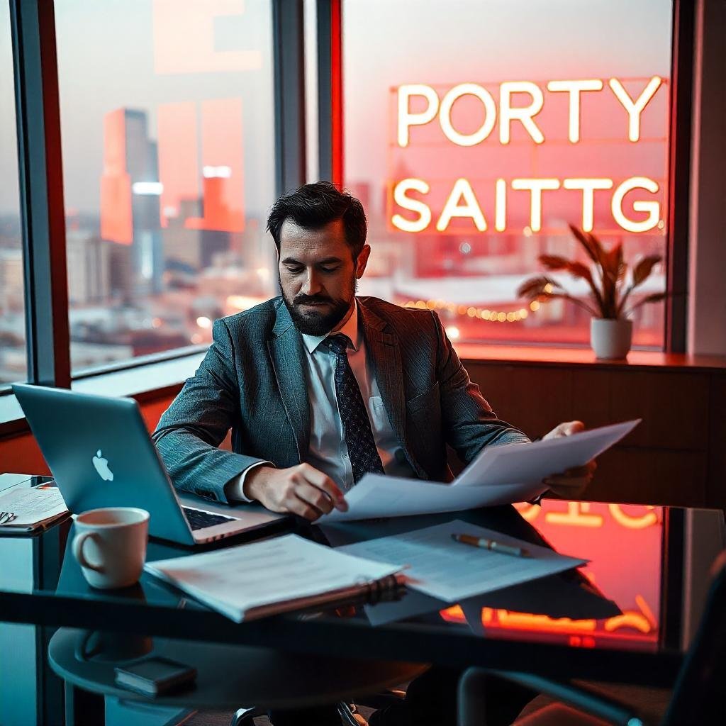 A property manager in an office reviewing documents with a city skyline in the background, representing California's real estate market.