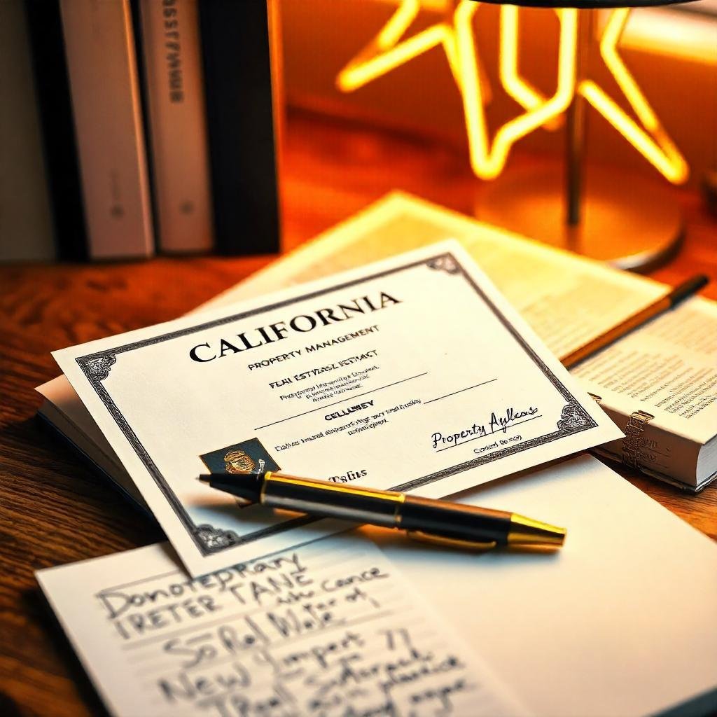 A California real estate license on a desk with property management books and study notes.