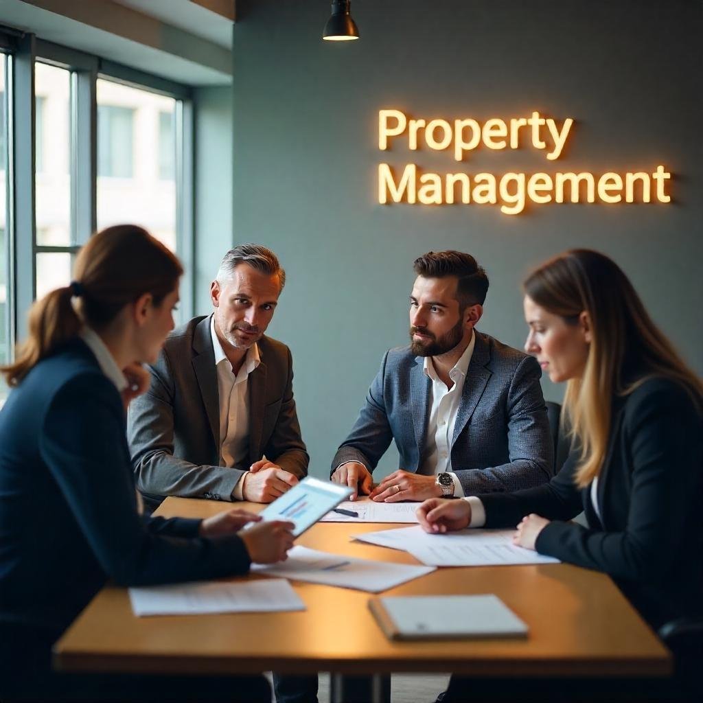 A group of professionals discussing property management business plans in an office setting.