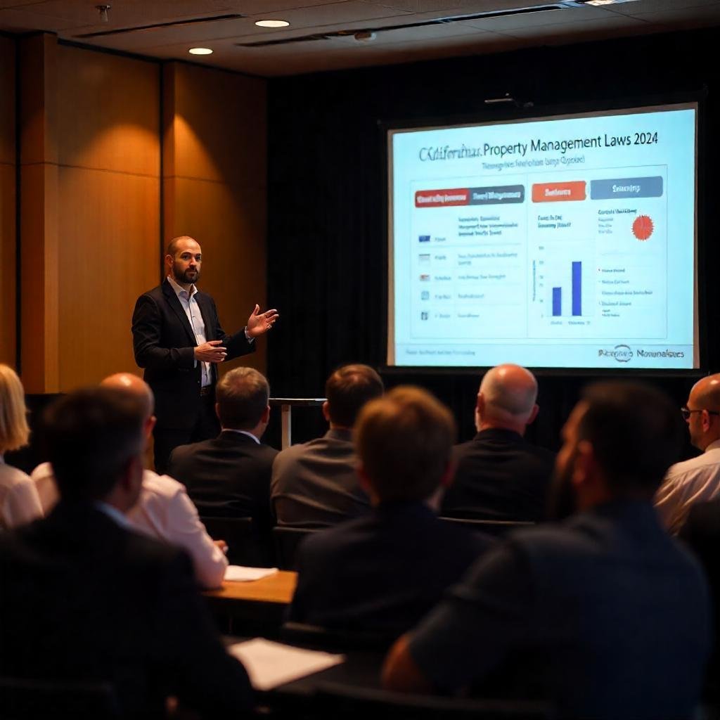 A professional speaker addressing property managers at a California real estate seminar.