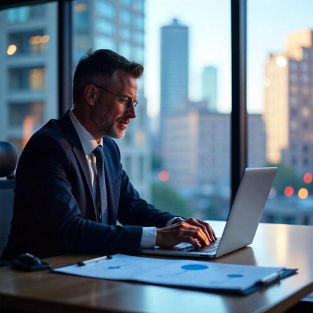 Government official reviewing property management software in an office.