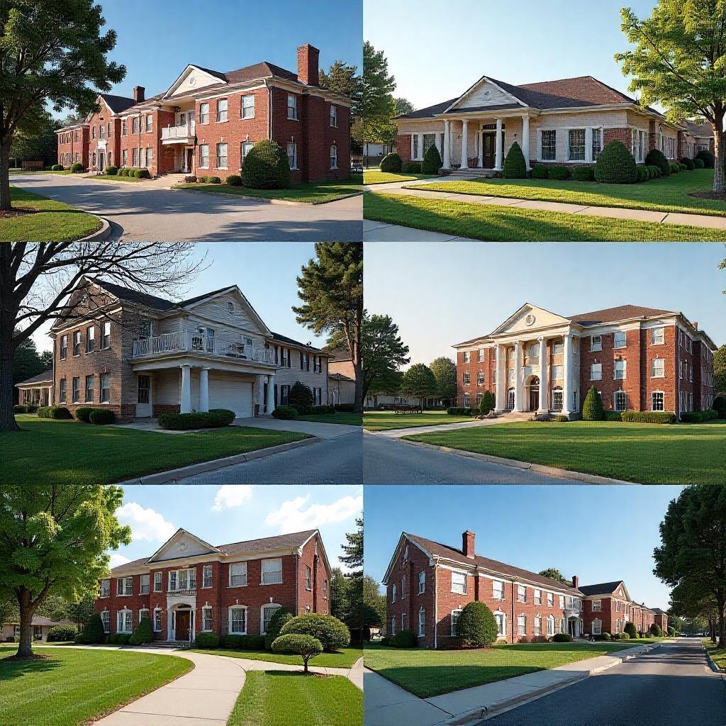 Collage of government properties including housing, historic sites, and offices.
