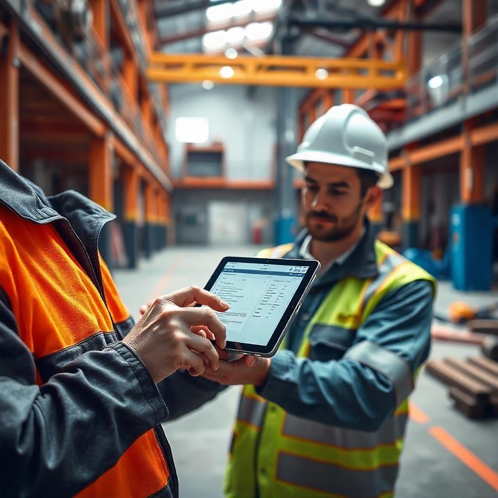 Facility worker logging maintenance work orders in FMX software.