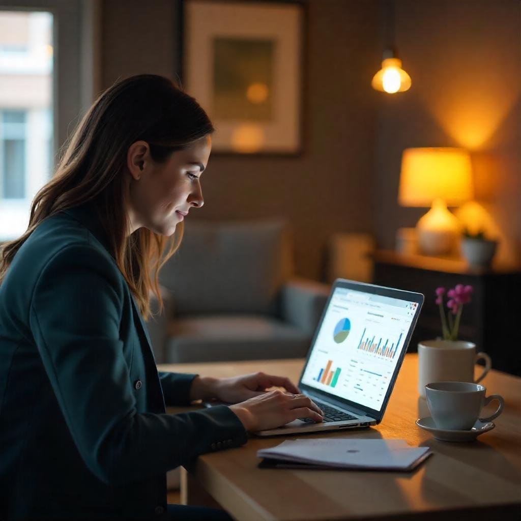Person using a laptop in a cozy bed and breakfast with icons representing property management tools.