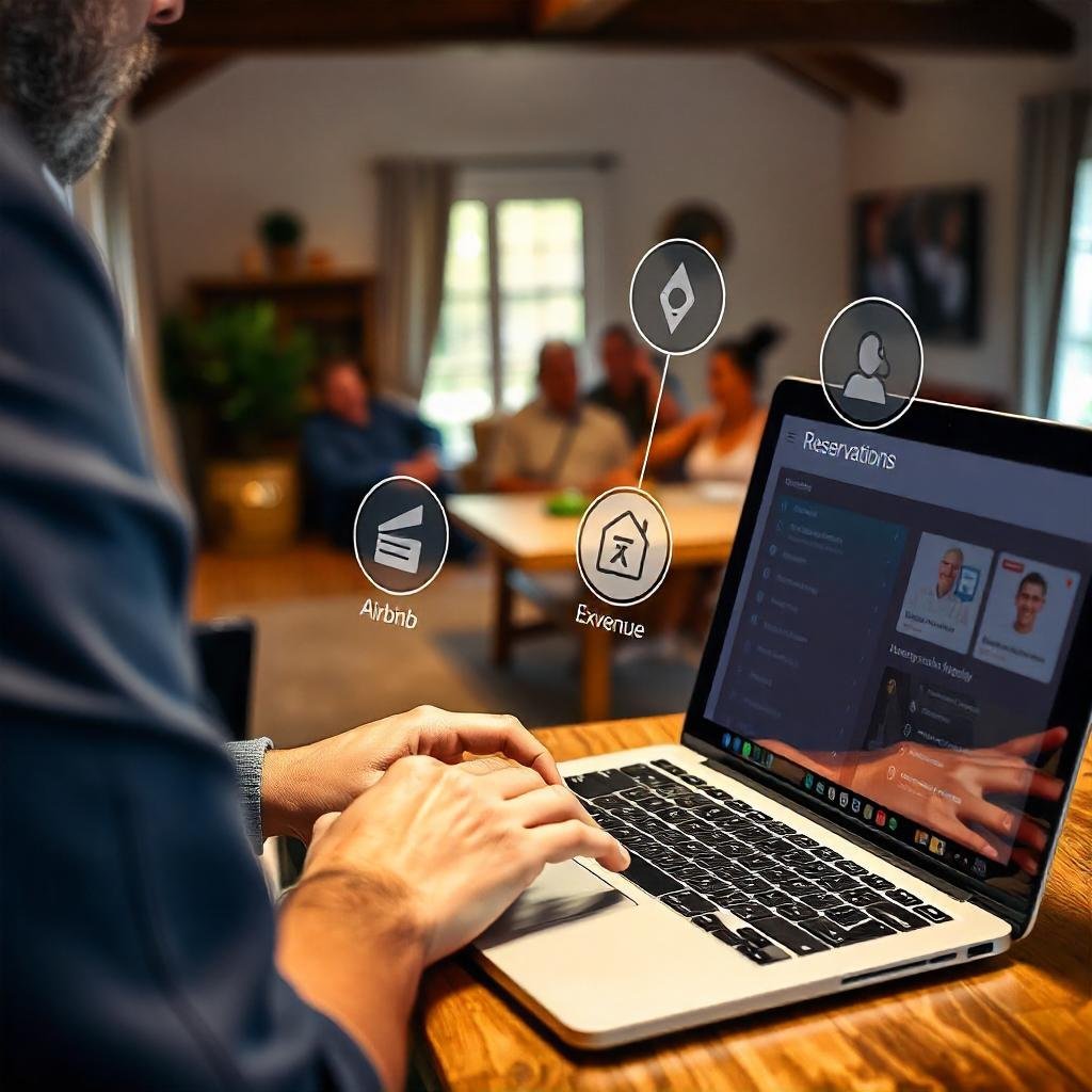 "B&B manager using Cloudbeds software with guests enjoying a modern property.