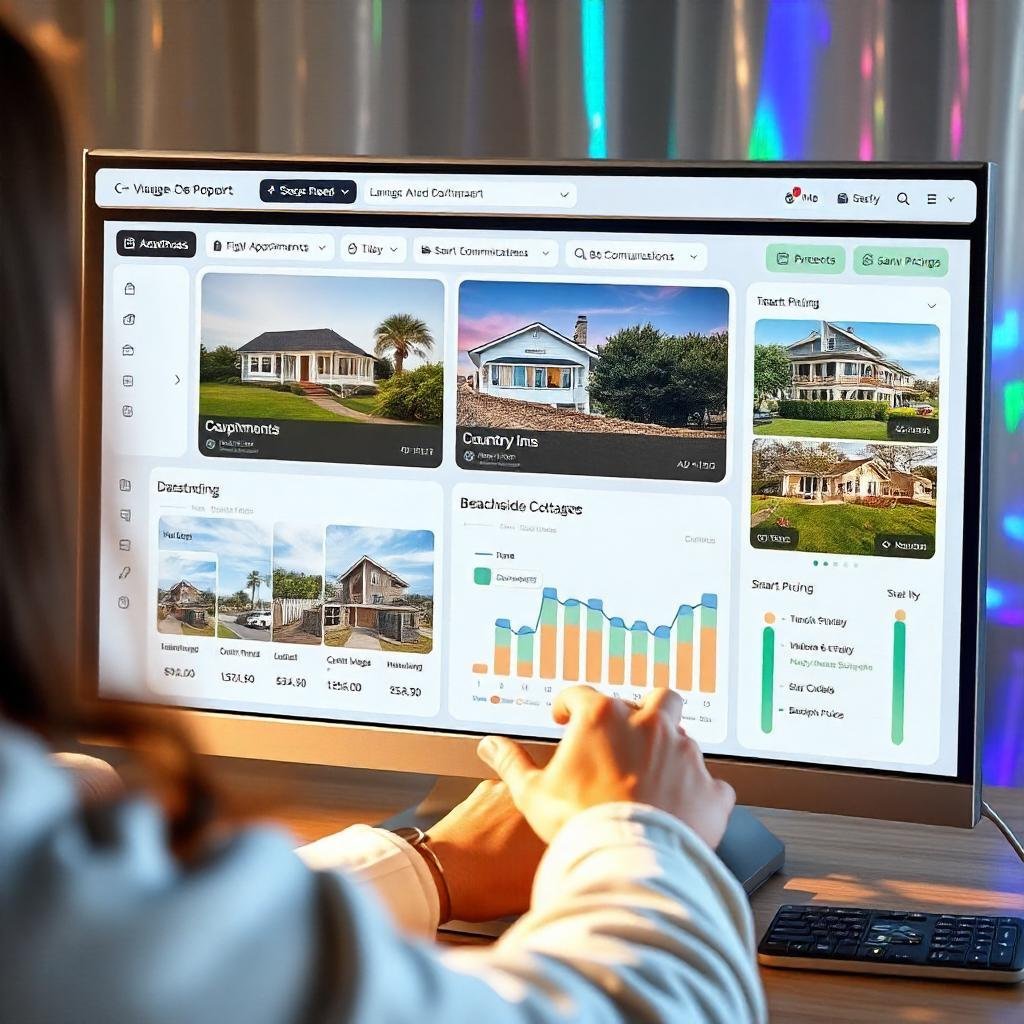 Property manager overseeing multiple B&Bs using Guesty software with a user-friendly dashboard.